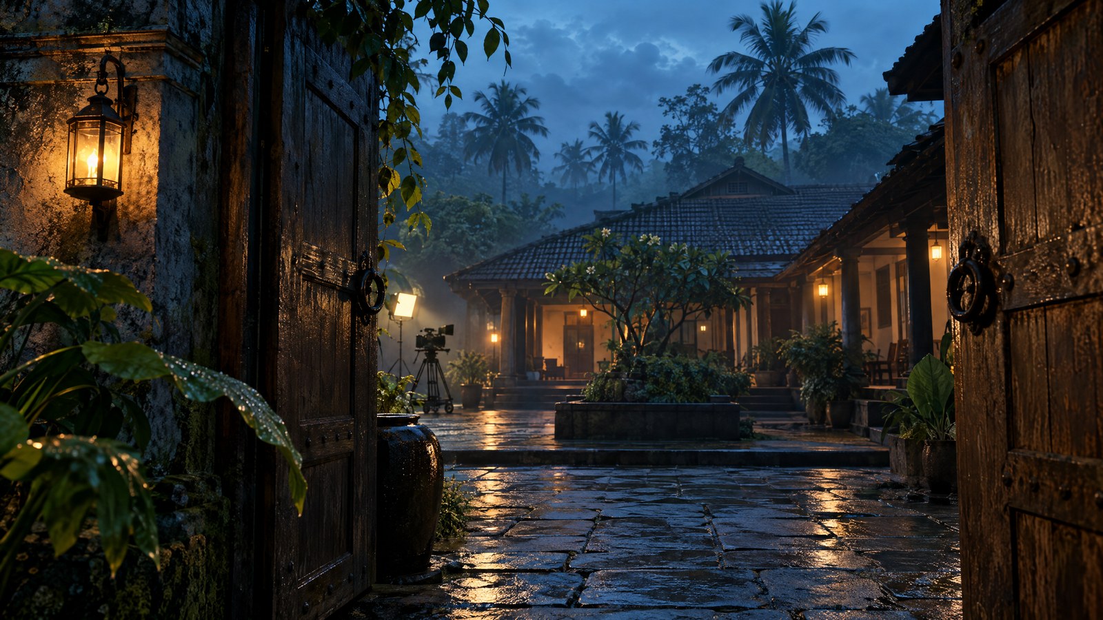 Original editorial illustration of a rain-soaked Kerala courtyard for the Neekkam teaser article.