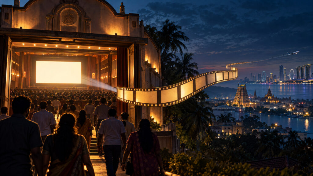 Cinema audience in a theater with a lighted filmstrip curving toward a night skyline, created as editorial art for Premada Oorali’s listed screenings.