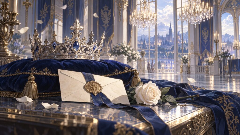 Original fantasy editorial illustration of a crown, sealed letter and pale rose in a palace ballroom.