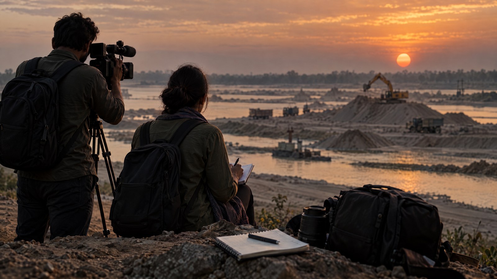 Two anonymous journalists document sand mining beside a river at sunset.