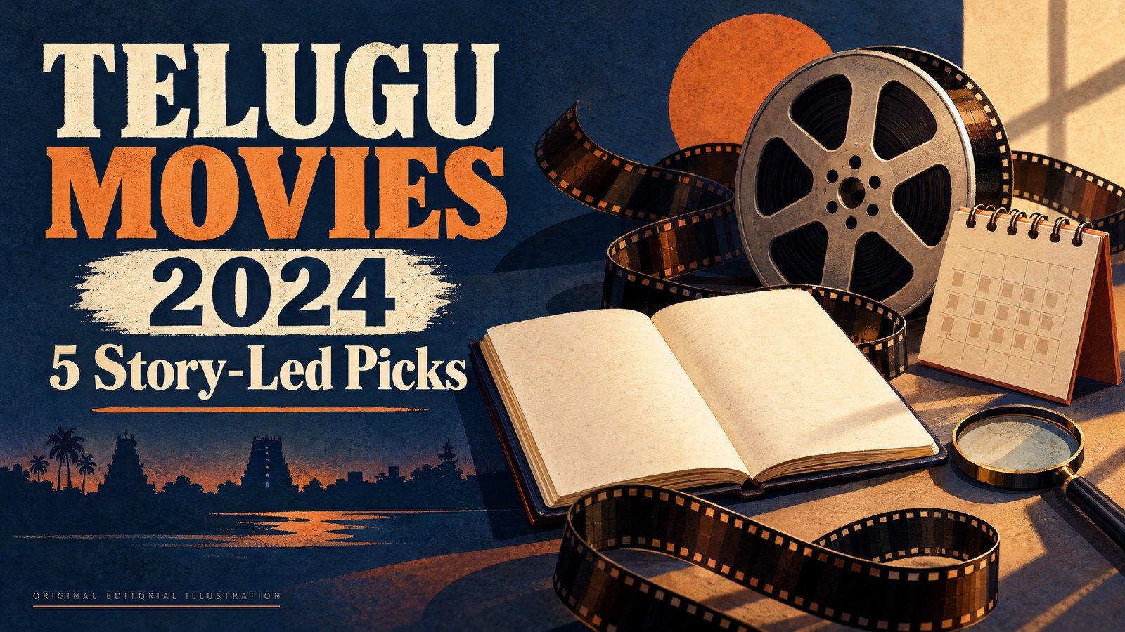 Original editorial illustration of a film reel, open notebook, calendar and magnifying glass for a 2024 Telugu movie guide.