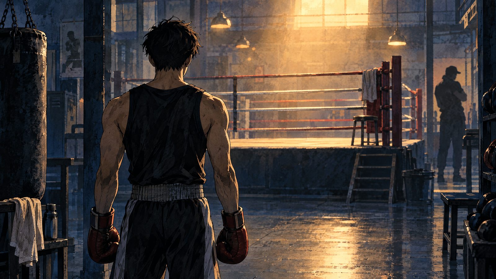 Original illustration of a boxer training alone in a gym, created for news about The Boxer anime announcement; not official key art.