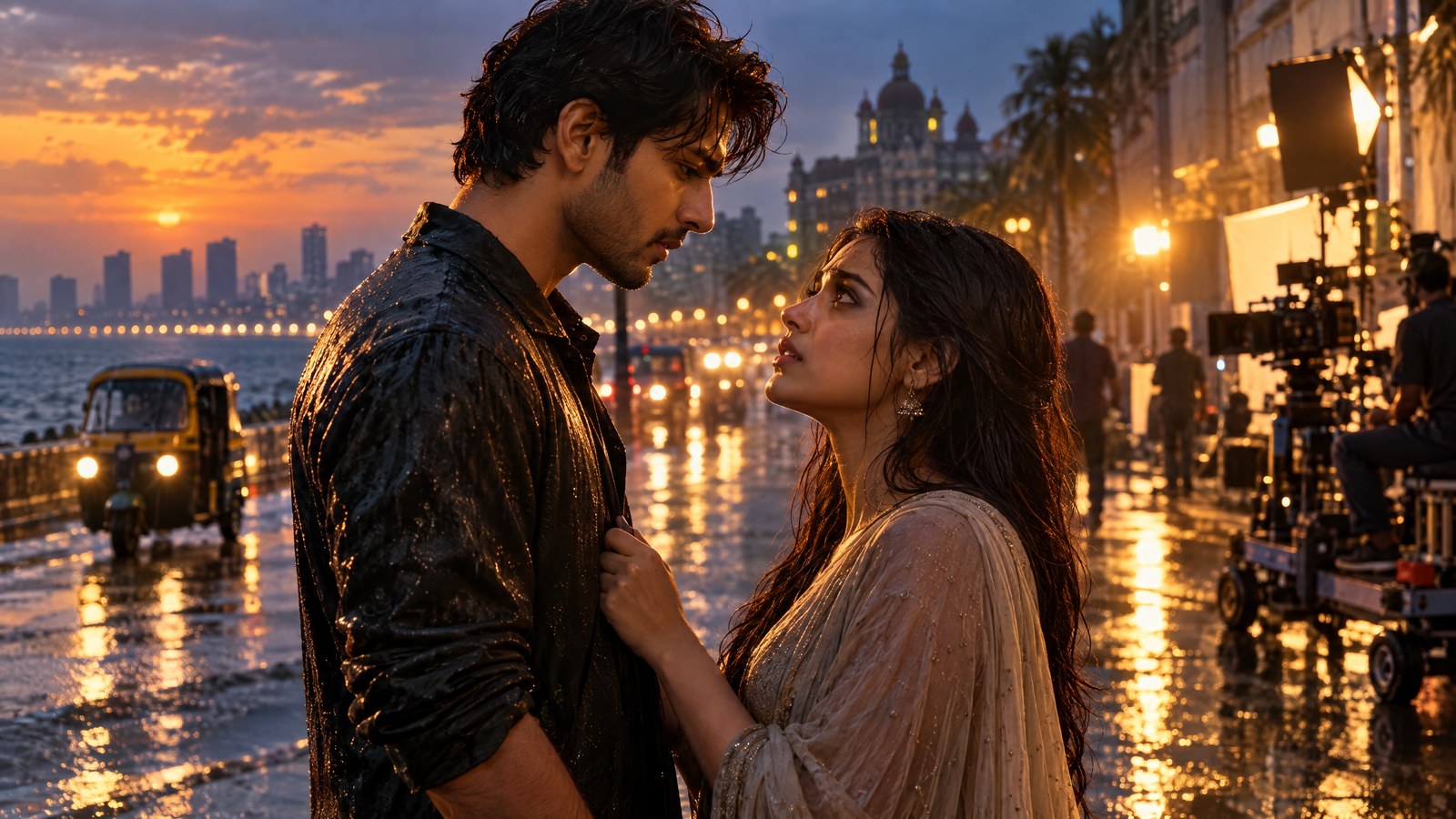 Original illustration of a fictional couple on a rain-slick Mumbai street for Tum Mere Ho trailer coverage.