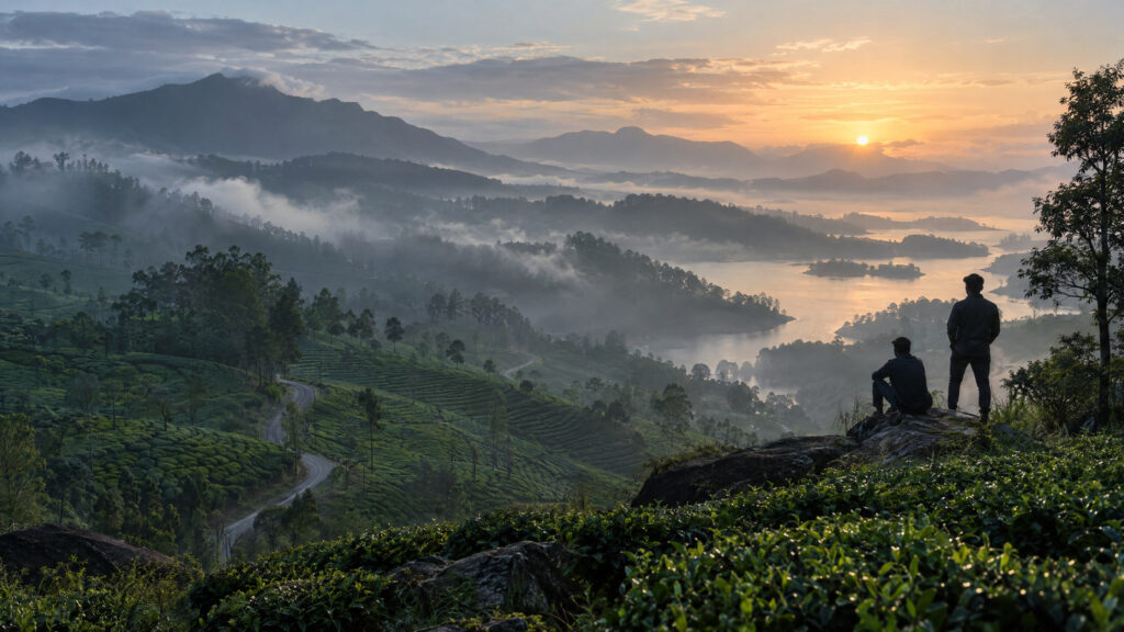 Misty tea-covered hills at sunrise with two figures on a rocky overlook, created as editorial artwork for Udumbanchola Vision trailer coverage.